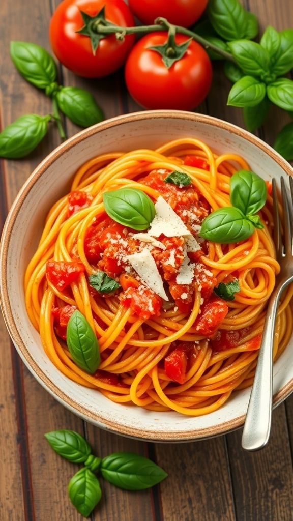 Tomato Basil Pasta Recipe A bowl of spaghetti with tomato sauce and basil, garnished with Parmesan cheese, on a wooden table.